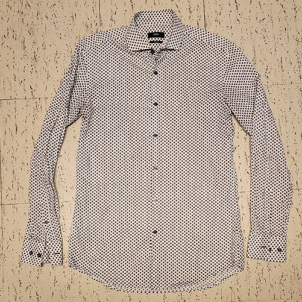 Hugo Boss Slim Fit Micro Pattern Button Down Long Sleeve Casual Dress Shirt